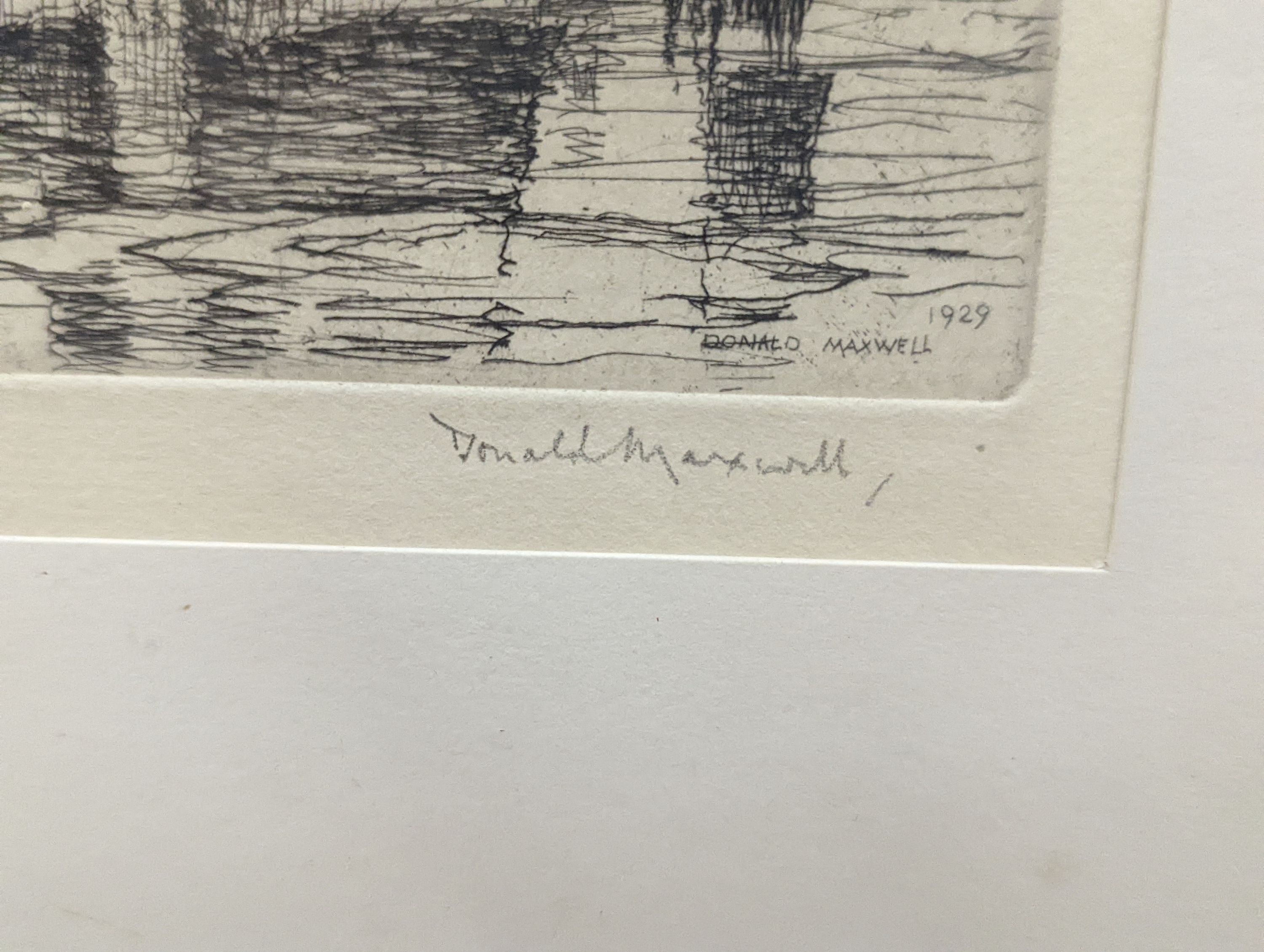 Donald Maxwell (1877-1936), etching, Sail barges off the coast, signed in pencil, 15 x 21cm and a etching and aquatint, Pooks Hill, 20 x 30cm